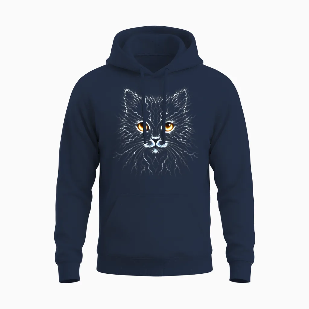 Electric Lightning Cat Portrait Unisex Hoodie in Navy