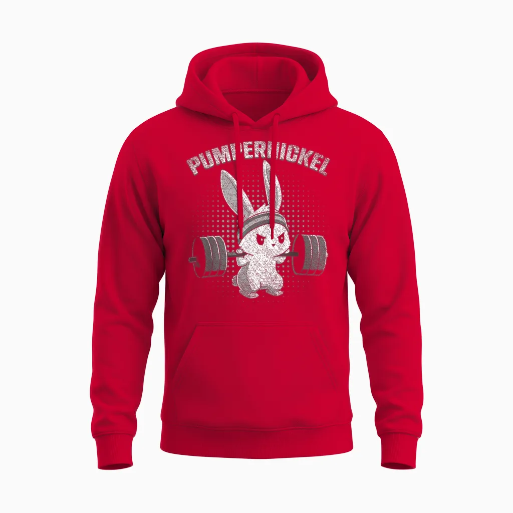 Pumpernickel Fitness Bunny Easter Bunny Gym Rabbit T-Shirt, Black Unisex Hoodie in Red