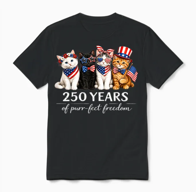 250 Years of America Cats Patriotic Cat Lover Unisex T-Shirt in Black