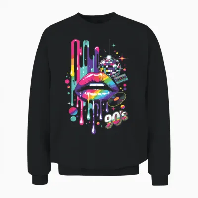 Colourful 90s Lips Retro Disco Cassette Vinyl Party Unisex Sweatshirt - Black