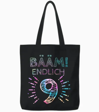 Girls' T-Shirt with German Text "kinder Bääm! Endlich 9 Jahre 9th Birthday" [german Language], Black Tote Bags - Black