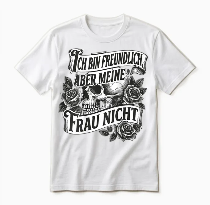 Ich Bin Freundlich Aber Meine Frau Nicht Totenkopf (on Back) Unisex T-Shirt in White