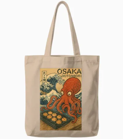 Japanese Design Osaka Takoyaki Wave Tote Bags - Natural