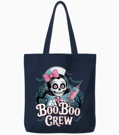 Gothic Nurse Skeleton with Booboo Crew Text Tote Bags - Navy