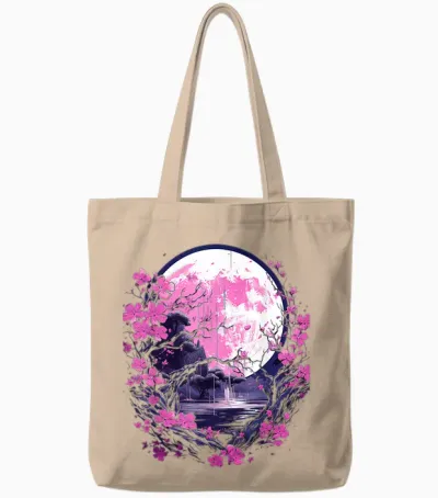 Japanese Cherry Blossom Cherry Blossom and Moon Japan T-Shirt, Black Tote Bags - Natural