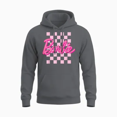 Barbie - Barbie Logo Checkered Background Short Sleeve T-Shirt for Women, Small Unisex Hoodie - Charcoal