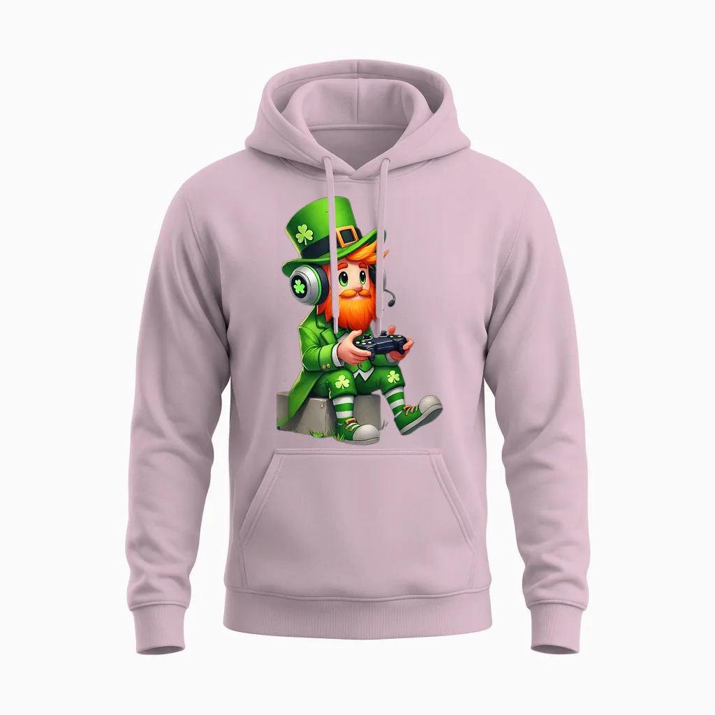Video Game Leprechaun St Patricks Day Gamer Kids Boys Gaming Unisex Hoodie in Light Pink