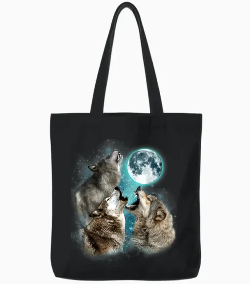 3 Wolf Moon Howling Wolf Head Funny Wolves for Men Women Tote Bags in Black
