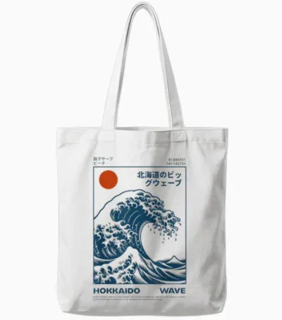 Hokkaido Aesthetic T-Shirt Vintage Japanese Big Wave Kanagawa Tote Bags - White