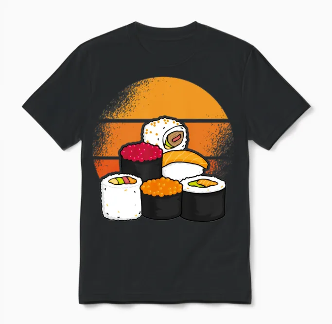 Sushi Aesthetic Retro Sun Unisex T-Shirt - Black