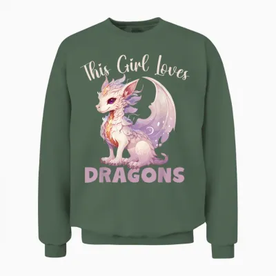 This Girl Loves Dragon for Girls in Pink and Purple T-Shirt, Black, S Unisex Sweatshirt - Military Green