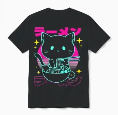 Anime Ramen Cat Retro Japanese Noodles Aesthetic Kawaii Cat Unisex T-Shirt - Black