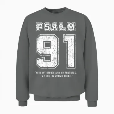 Psalm 91 Jersey Look Bible Verse (back Print Only) Christian T-Shirt, Black Unisex Sweatshirt - Graphite Heather