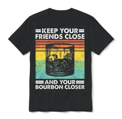 Keep Friends Close Bourbon Closer Funny Whiskey Unisex T-Shirt - Black