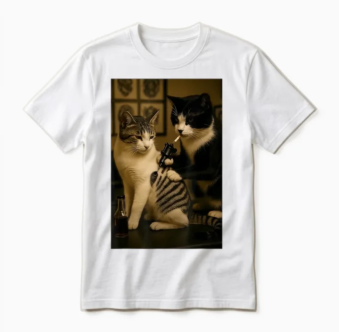 Vintage Cat Smoking Tattoo Inked Kitty Artist Funny Meme Unisex T-Shirt in White