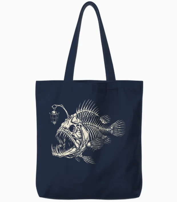 Poisson-PĂȘcheur Squelette Effrayant OcĂ©an Tote Bags in Navy