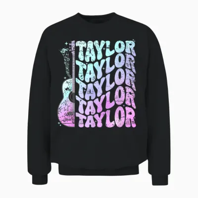 Girl Retro Taylor First Name Personalized Groovy 80's Pink Unisex Sweatshirt - Black