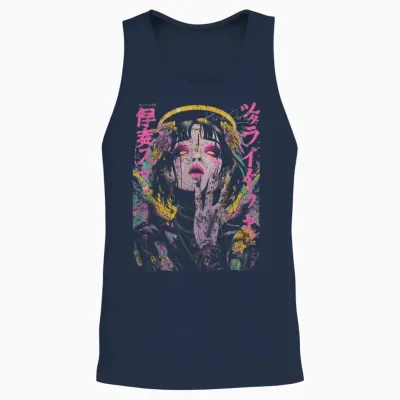 Japon Streetwear Cyberpunk Ange Y2k Techwear Manga Anime Unisex Tank Top - Navy