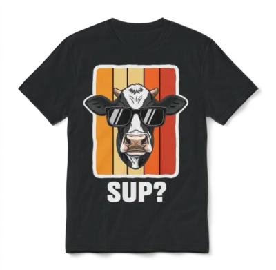 Cow in Shades on Retro Stripes Unisex T-Shirt - Black