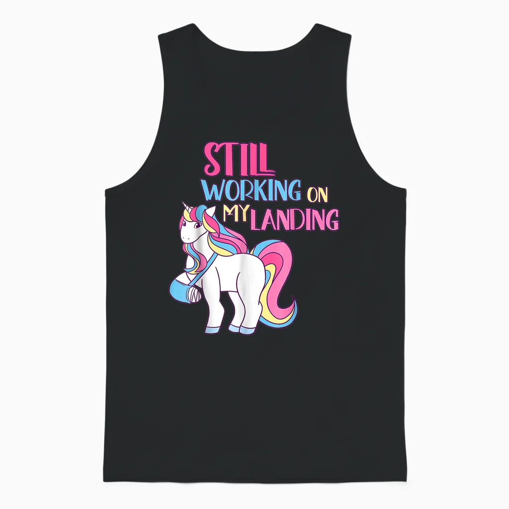Still Working on My Landing Injury Broken Arm Cute Unicorn Unisex Tank Top in Black
