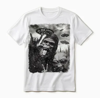 Funny Bigfoot & Alien Sasquatch Rock on Hand Sign Ufo Selfie Unisex T-Shirt - White