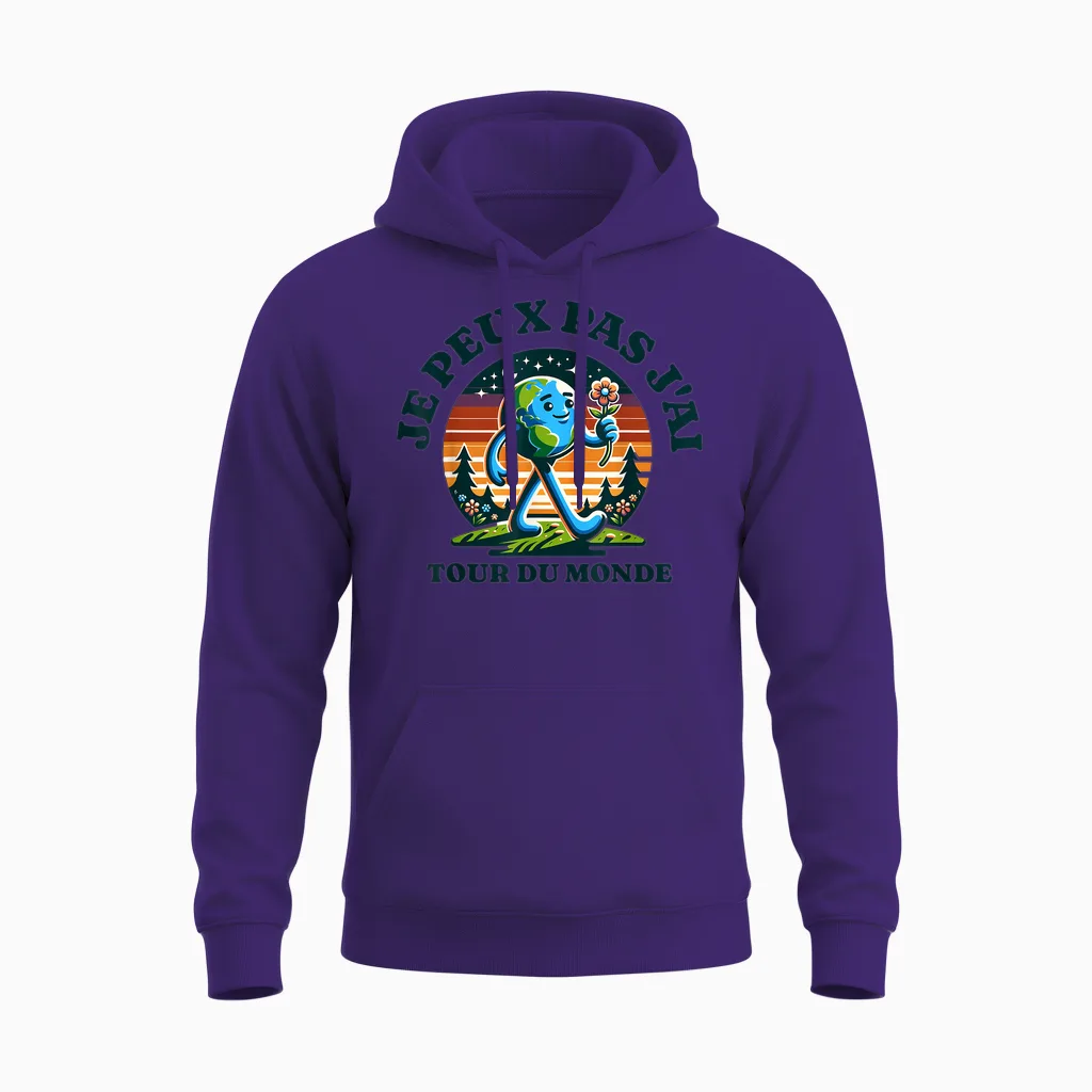 Je Peux Pas J'ai Tour Du Monde Gift Humour Adventure Funny T-Shirt, White, S Unisex Hoodie in Purple