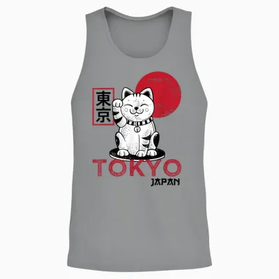 Maneki Neko Cat Lucky Charm Waving Arm Kawaii Anime Japan Tokyo Unisex Tank Top - Sport Grey