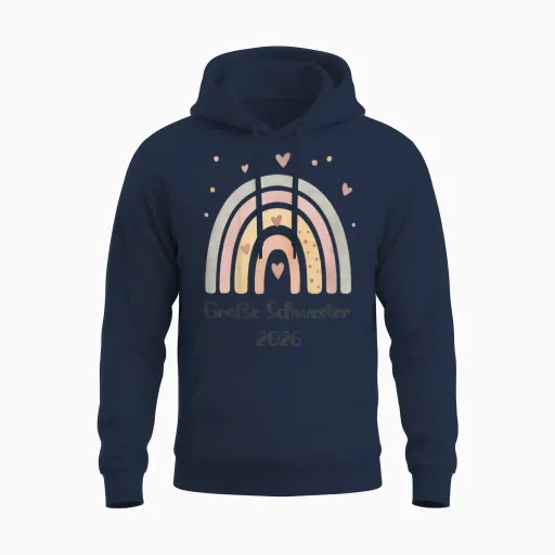 Children's Big Sister 2026 Rainbow Heart Motif Unisex Hoodie - Navy