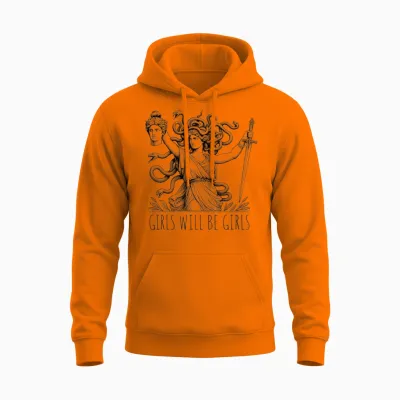 Vintage Girl Will Be Girls Medusa Feminist Clothing Unisex Hoodie - Safety Orange