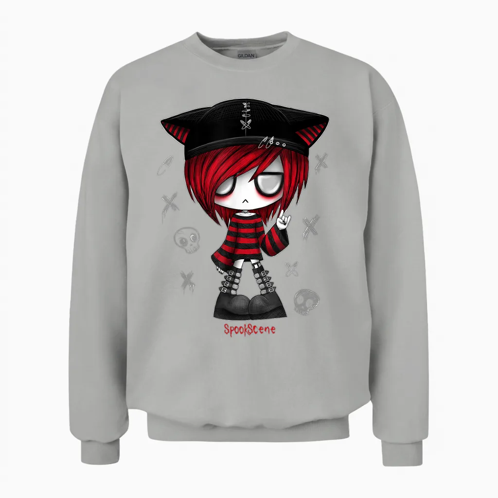 Spookscene Edgy Kitty Hat Scene Kid Emo Alt Goth Red Unisex Sweatshirt in Ash