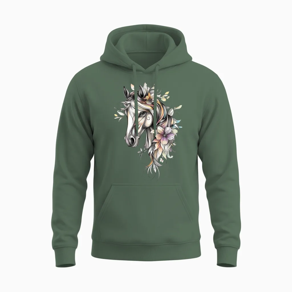 TĂȘte De Cheval Et Fleurs - Chevaux Unisex Hoodie in Military Green