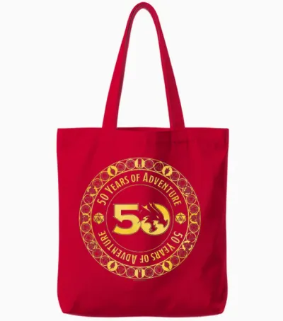 Dungeons & Dragons 50 Years of Adventure Gold Badge T-Shirt, Black, S Tote Bags - Red