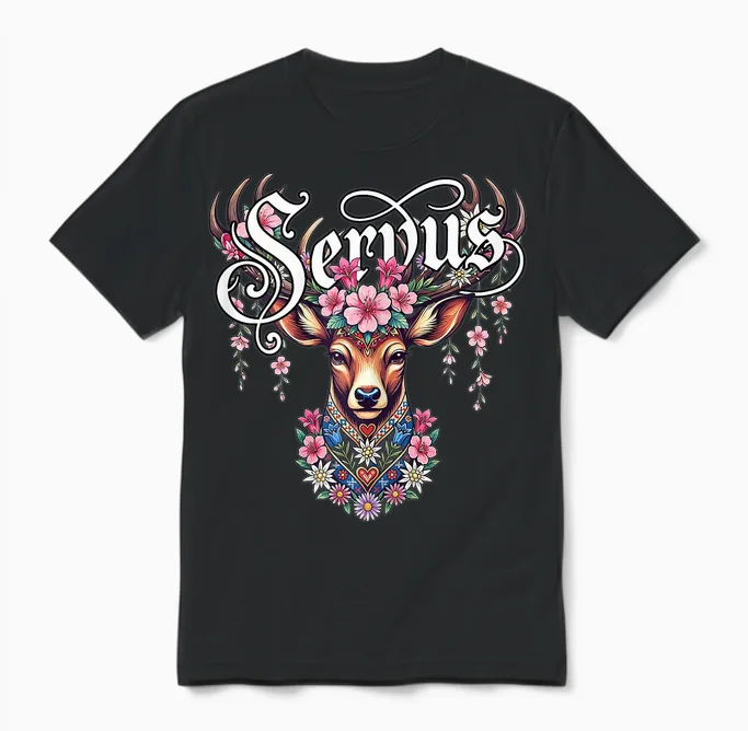 Trachtenshirt Damen Trachten T-Shirt Bayrisch Dirndl Servus Unisex T-Shirt in Black