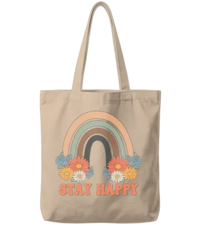 Stay Happy, Groovy, Retro, Tote Bags - Natural