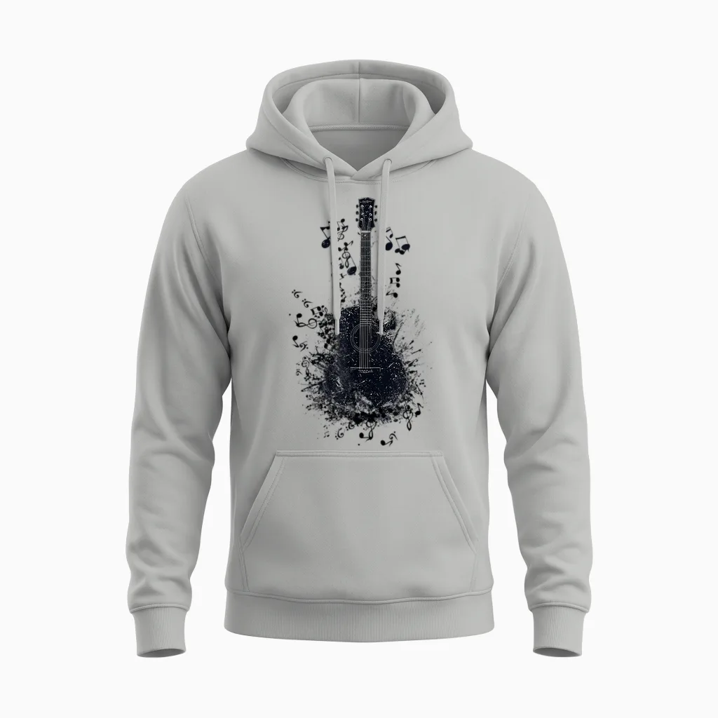 T-Shirt with Musical Notes for Guitarists, Black Unisex Hoodie in Ash