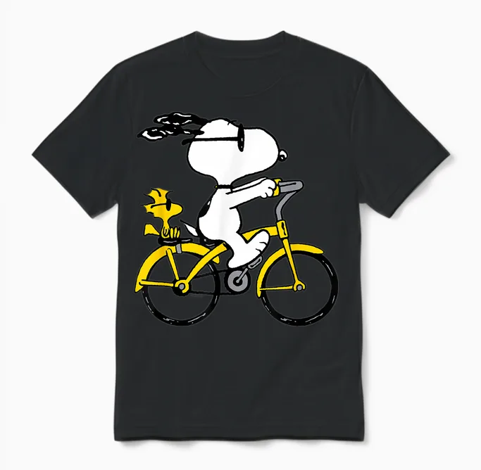Snoopy & Woodstock Riding Bike Unisex T-Shirt in Black
