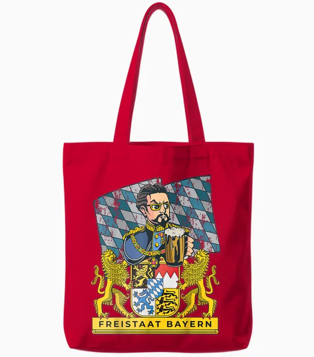 Bayern First - King in the Free State of Bavaria with Ludwig T-Shirt, Black Tote Bags in Red