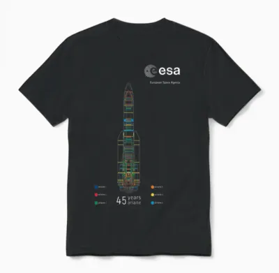 Esa European Space Agency 45 Years Ariane 1-6 Rocket 1979-2024 Unisex T-Shirt - Black