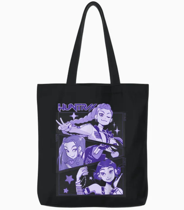 Kpop Demon Hunters Halloween Huntrix Cute Manhwa Panels Tote Bags in Black
