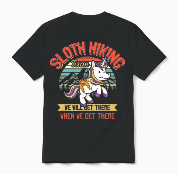 Sloth Hiking Team Sloth Riding Unicorn Hiking Unisex T-Shirt in Black