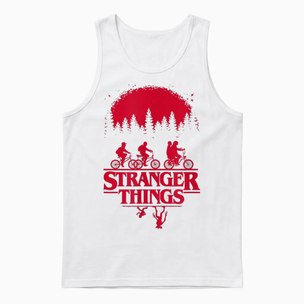 Stranger Things Group Shot Bike Ride Upside Down Silhouette Unisex Tank Top in White