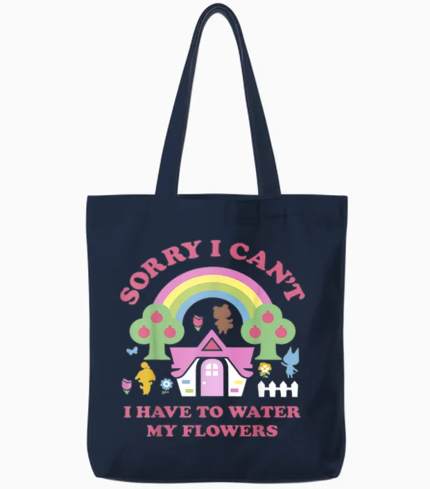 Animal Crossing Sorry I Can't I Have to Water My Flowers Tote Bags in Navy