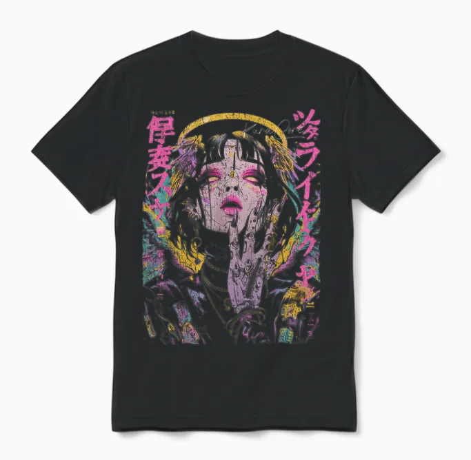 Japon Streetwear Cyberpunk Ange Y2k Techwear Manga Anime Unisex T-Shirt in Black