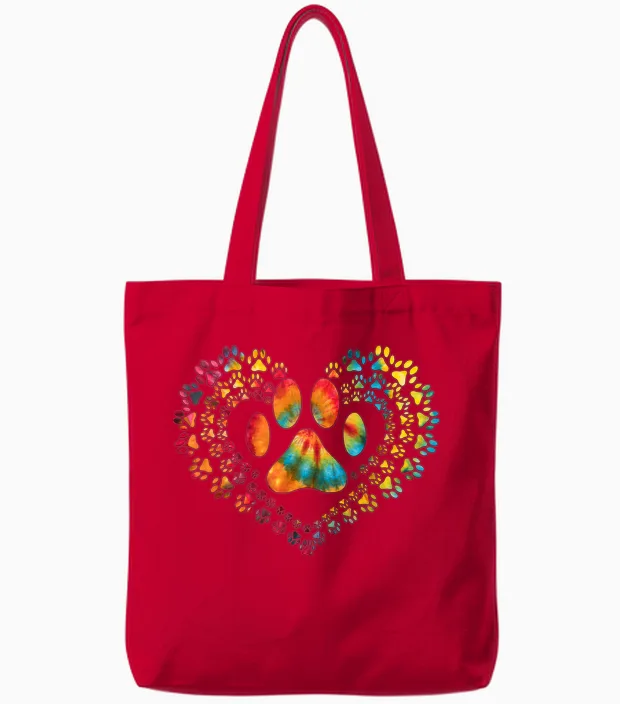 Tie Dye Love Dog Paw Print Heart Animal Lover Tote Bags in Red