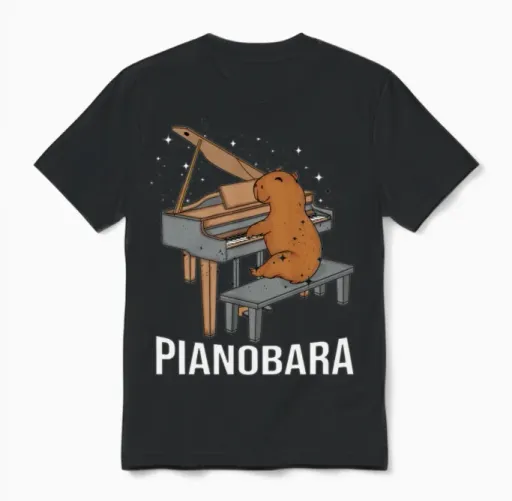 Capybara Piano Player Kids Music Lover Pianist Unisex T-Shirt in Black