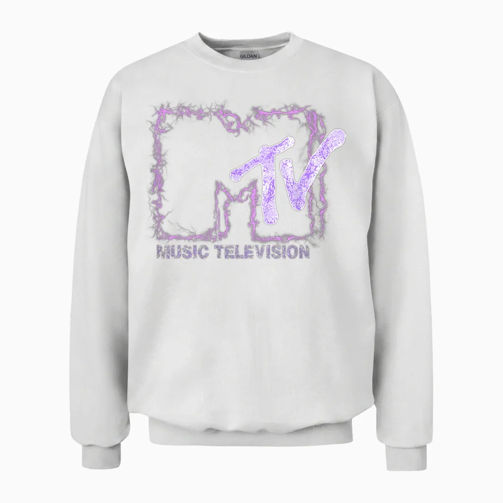 Mademark X Mtv - the Official Mtv Logo with Purple Electric Flashes Unisex Sweatshirt in White