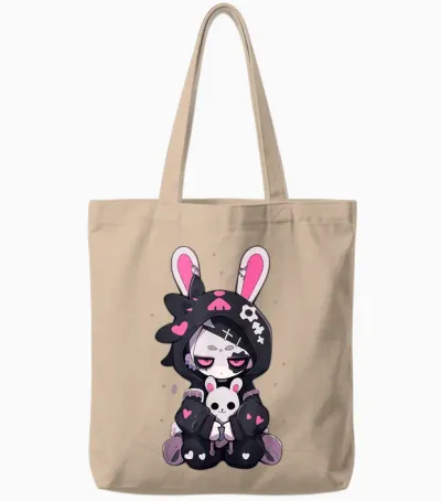 Goth Bunny Anime Girl Cute E-Girl Gothic Outfit Grunge Tote Bags - Natural