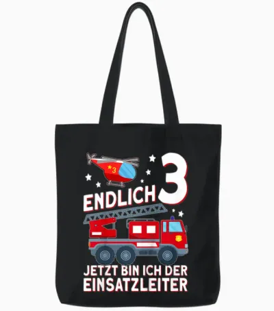 Children's Fireman T-Shirt with German Text "endlich 3 Jetzt Bin Ich Einsatzeiteiteiter" [, Black Tote Bags - Black