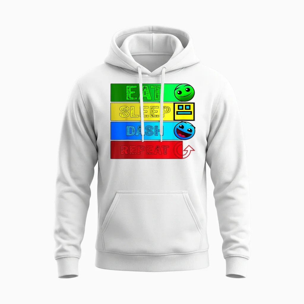 Eat Sleep Dash Repeat Video Game Geometry Video Gamer T-Shirt, Black Unisex Hoodie in White
