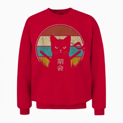 Japanese Cat Vintage Style Kawaii Retro Kitten Lover Unisex Sweatshirt - Red